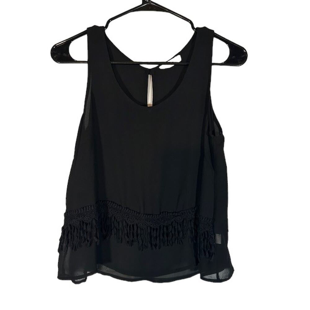 Lush Black Sleeveless Lightweight Fringe Trim Bohemian Tank Top Women Sz S